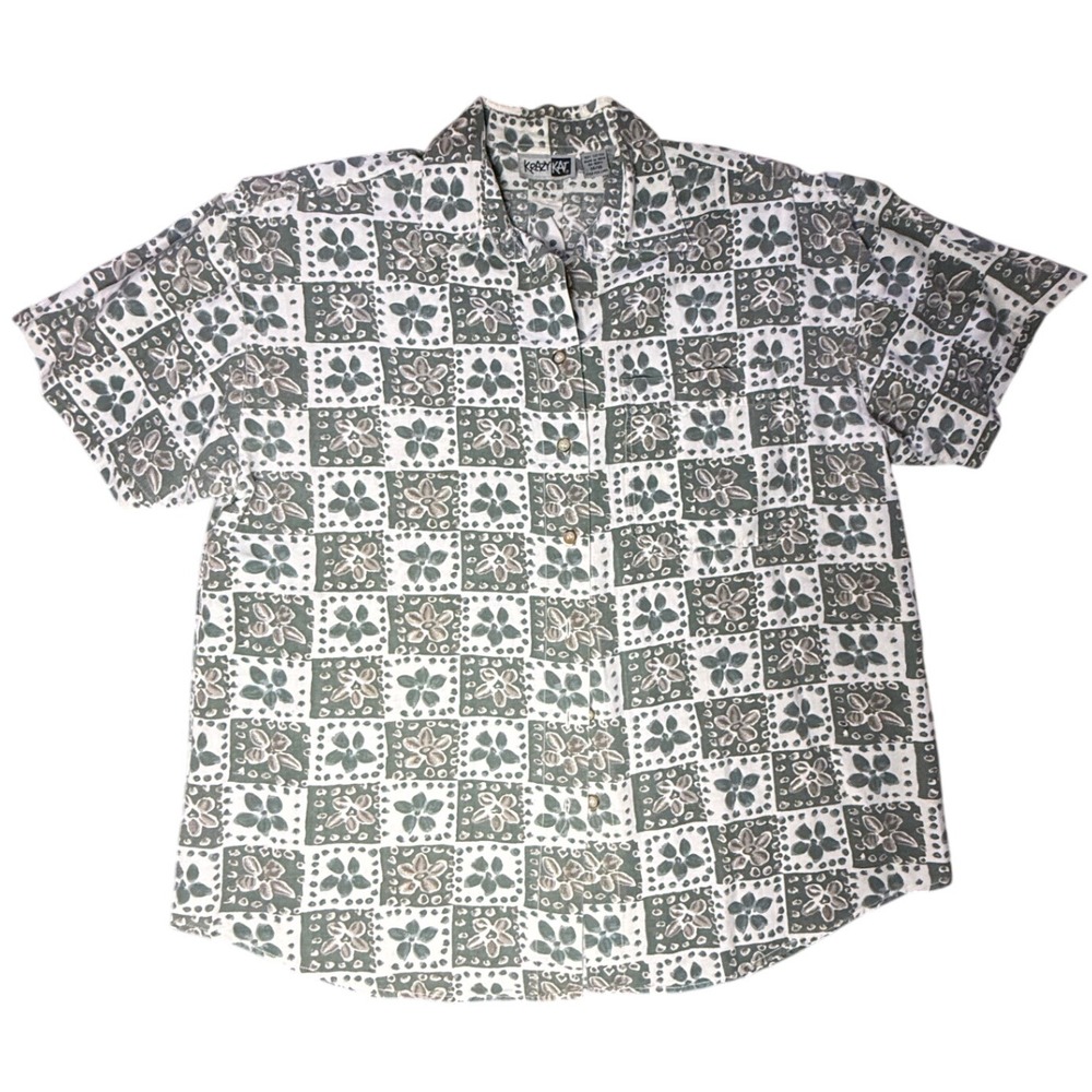 Krazy Kat Mens Shirt 14/16‎ White Olive Green Brown Flower Check Button Up